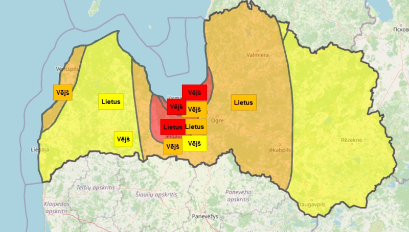 Izplatīts sarkanais brīdinājums par valsts vidienē gaidāmo vētru un lietavām